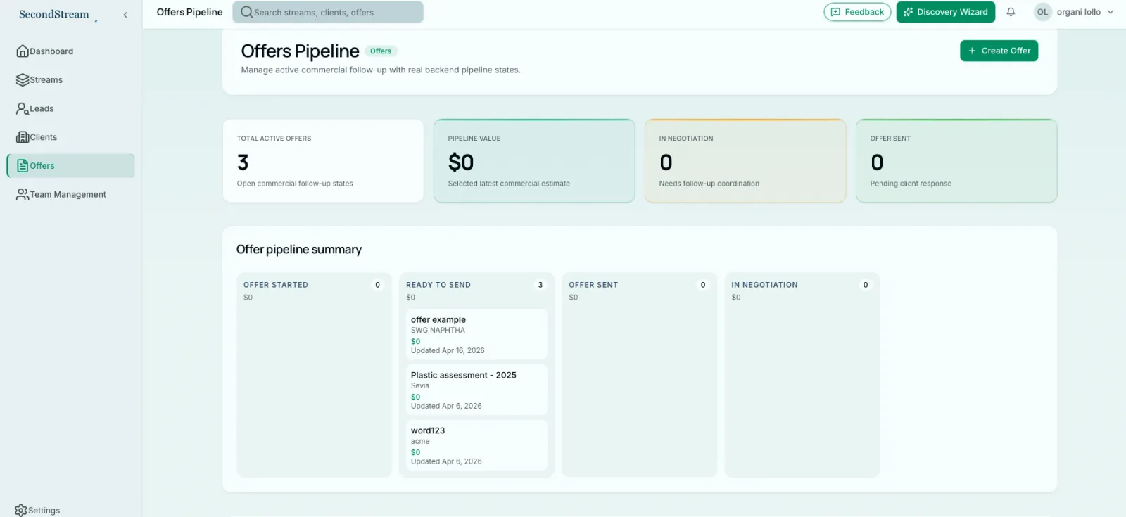 Offer pipeline board tracking qualified streams by commercial status and owner